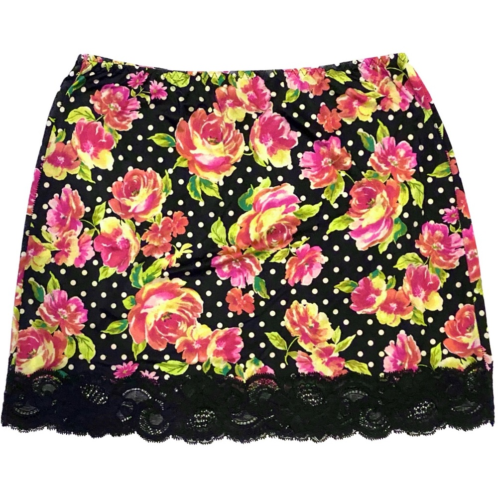 VS Black Floral Satin Slip Mini Skirt